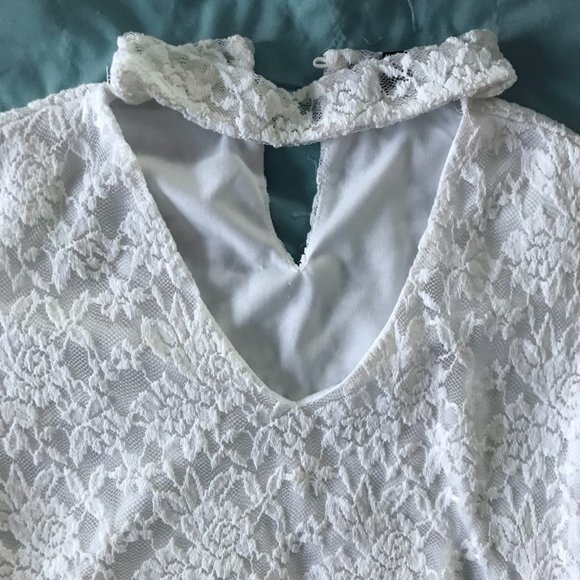 White Ivory Floral Embroidered Lace Double Layered Sheer Long Sleeve Top - Picture 14 of 16